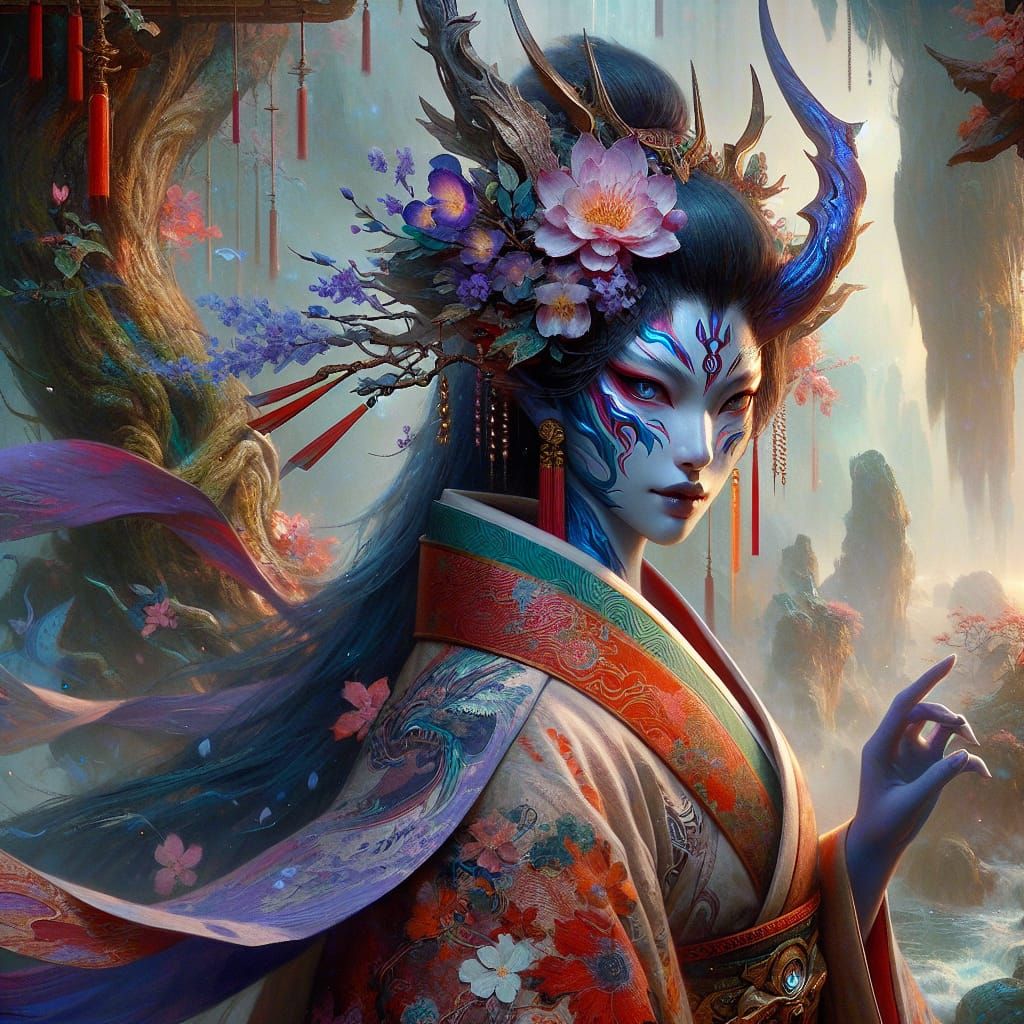 Empowering Oni Geisha in Fantasy Landscape
