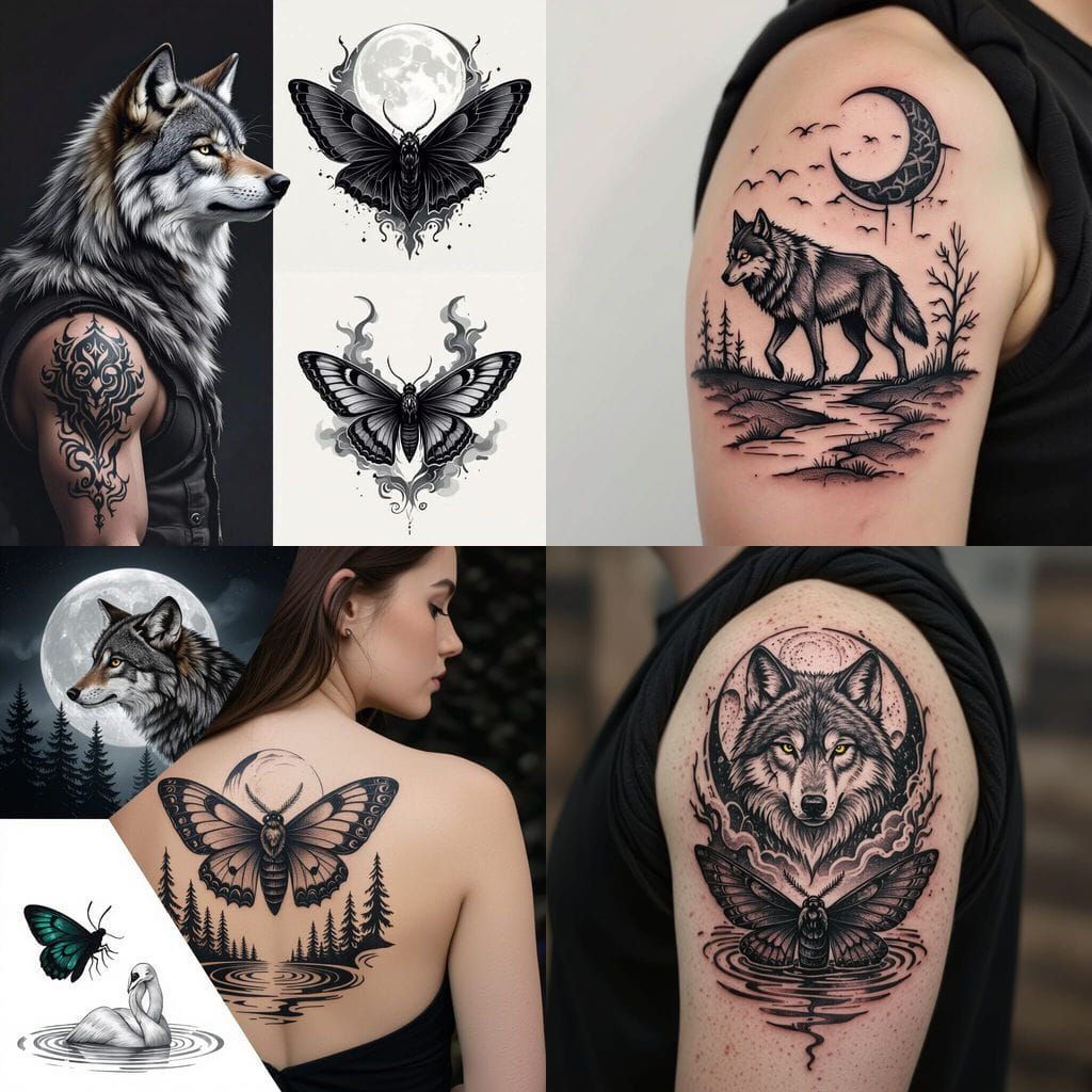 Realistic Blackwork Wolf and Mothman Tattoo Designs