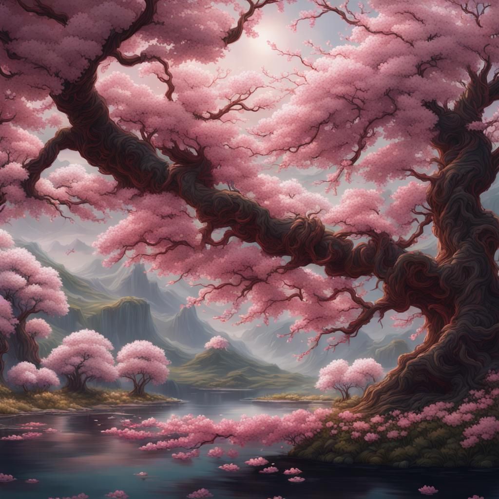 Cherry Blossom Embroidery: Detailed Matte Painting