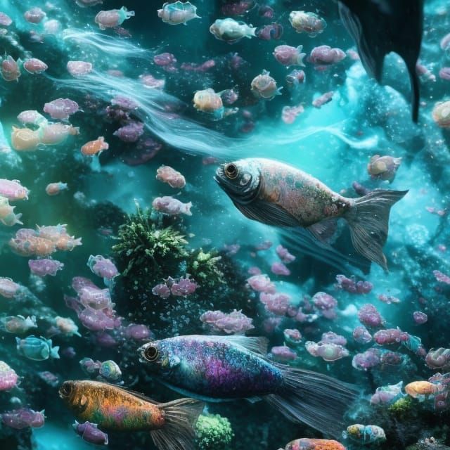 Iridescent Fish in Deep Water: Hyperrealistic Digital Art