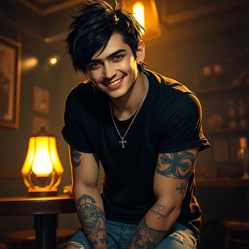 Gothic Man in Moody Cafe