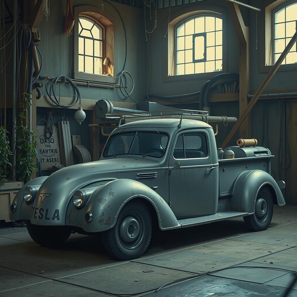 Retro-Futuristic Art Deco Pickup Truck in Garage
