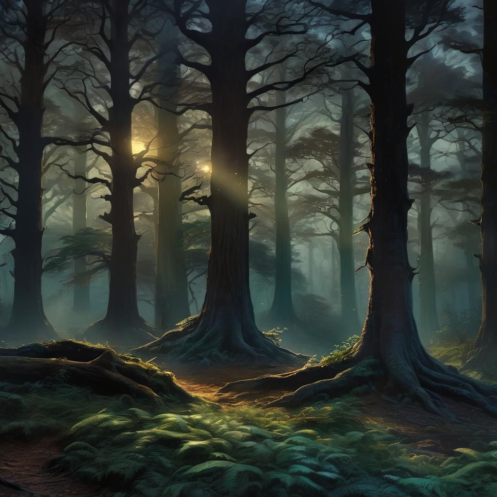 Magical Forest with Luminous Fog in Digital Painting