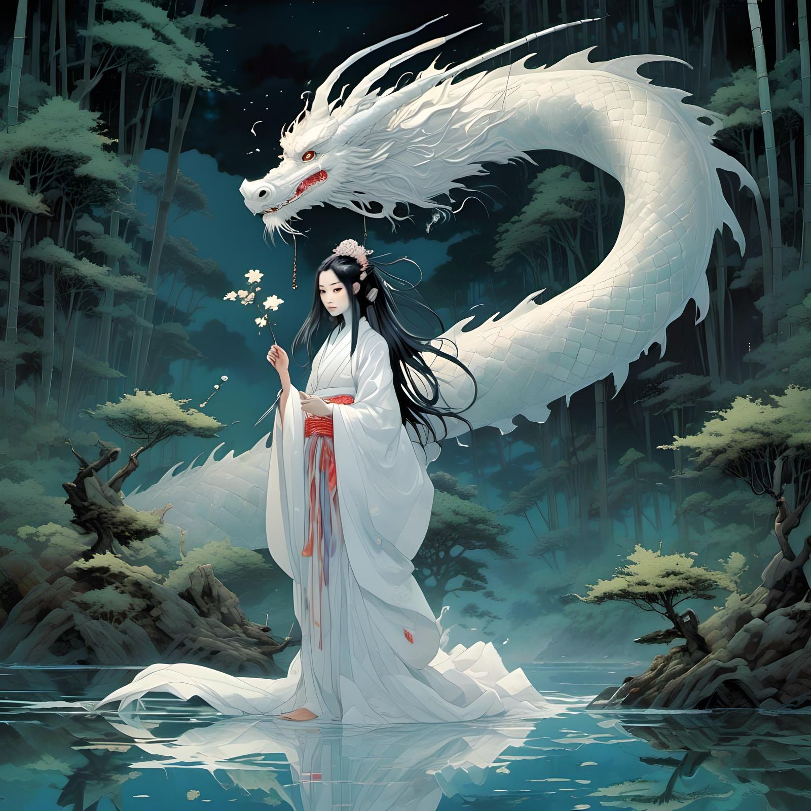 Dragon Ascending in Moonlit Bamboo Forest