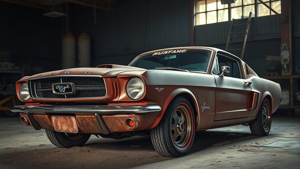 Rusty Vintage Ford Mustang in a Gritty Industrial Setting