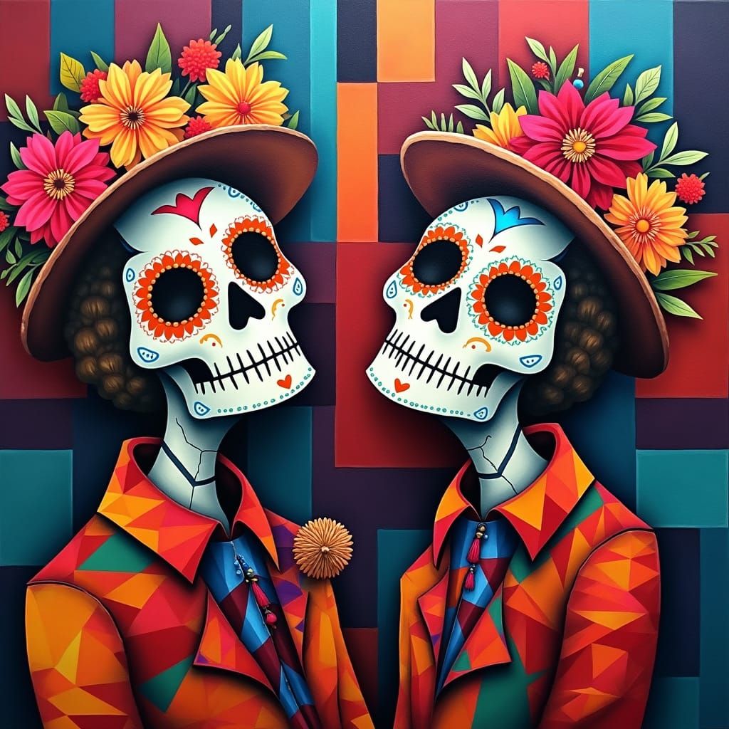 Cubist Dia de los Muertos Celebration in Fauvist Colors