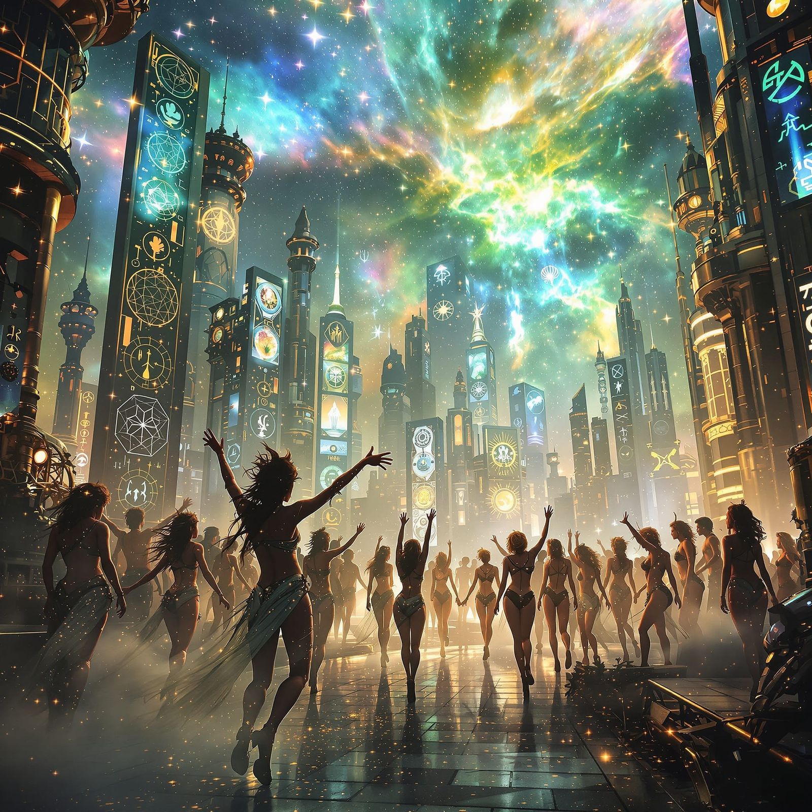 Futuristic Celebration with Dancing Showgirls in Steampunk S...