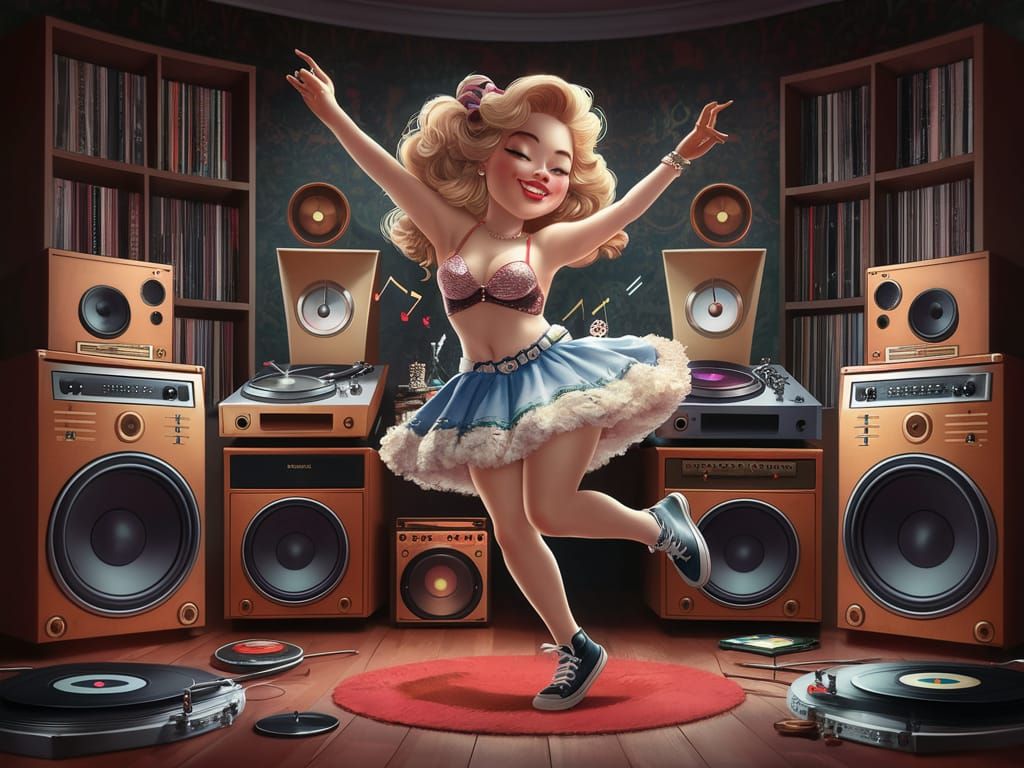 Retro Girl Dancing to Rock and Roll Illustration