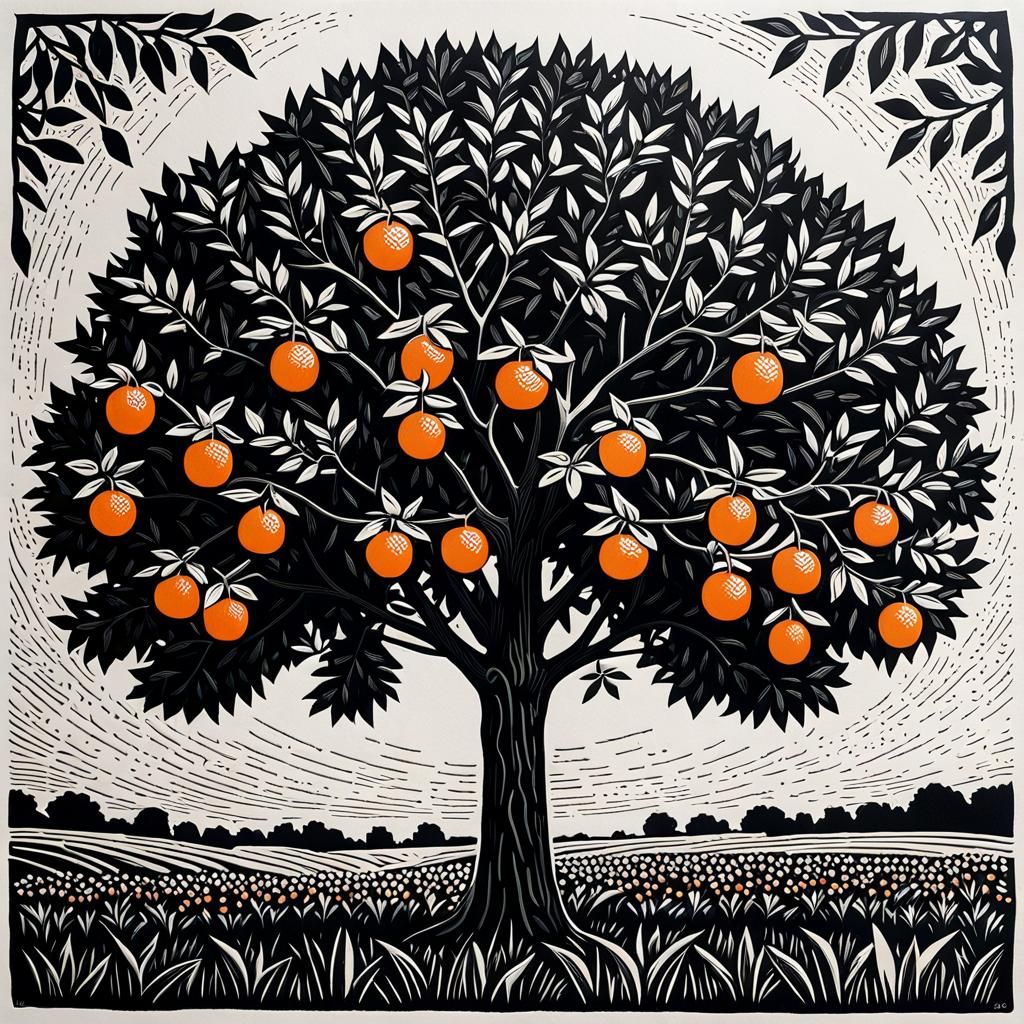 black and white relief print lino cut of an orange tree