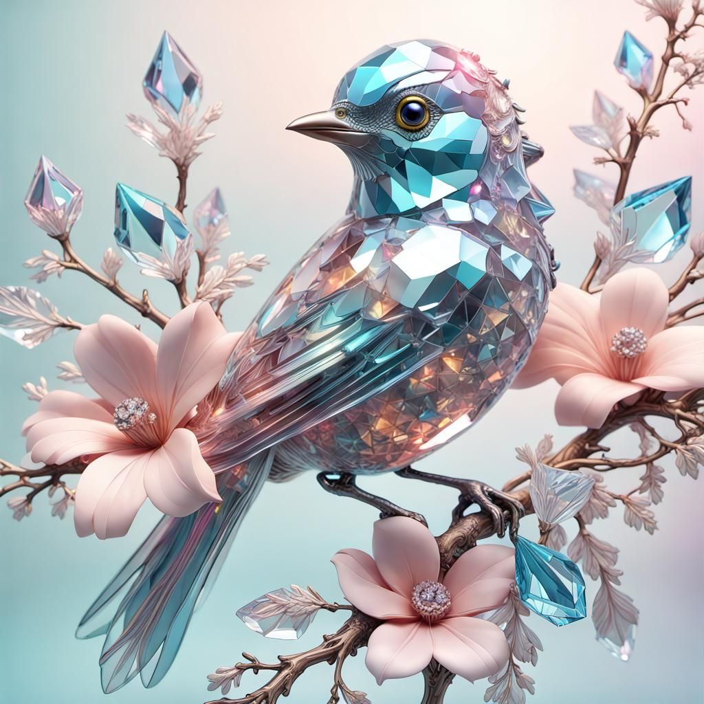 Pastel Crystal Bird on Branch in Cyberpunk Style