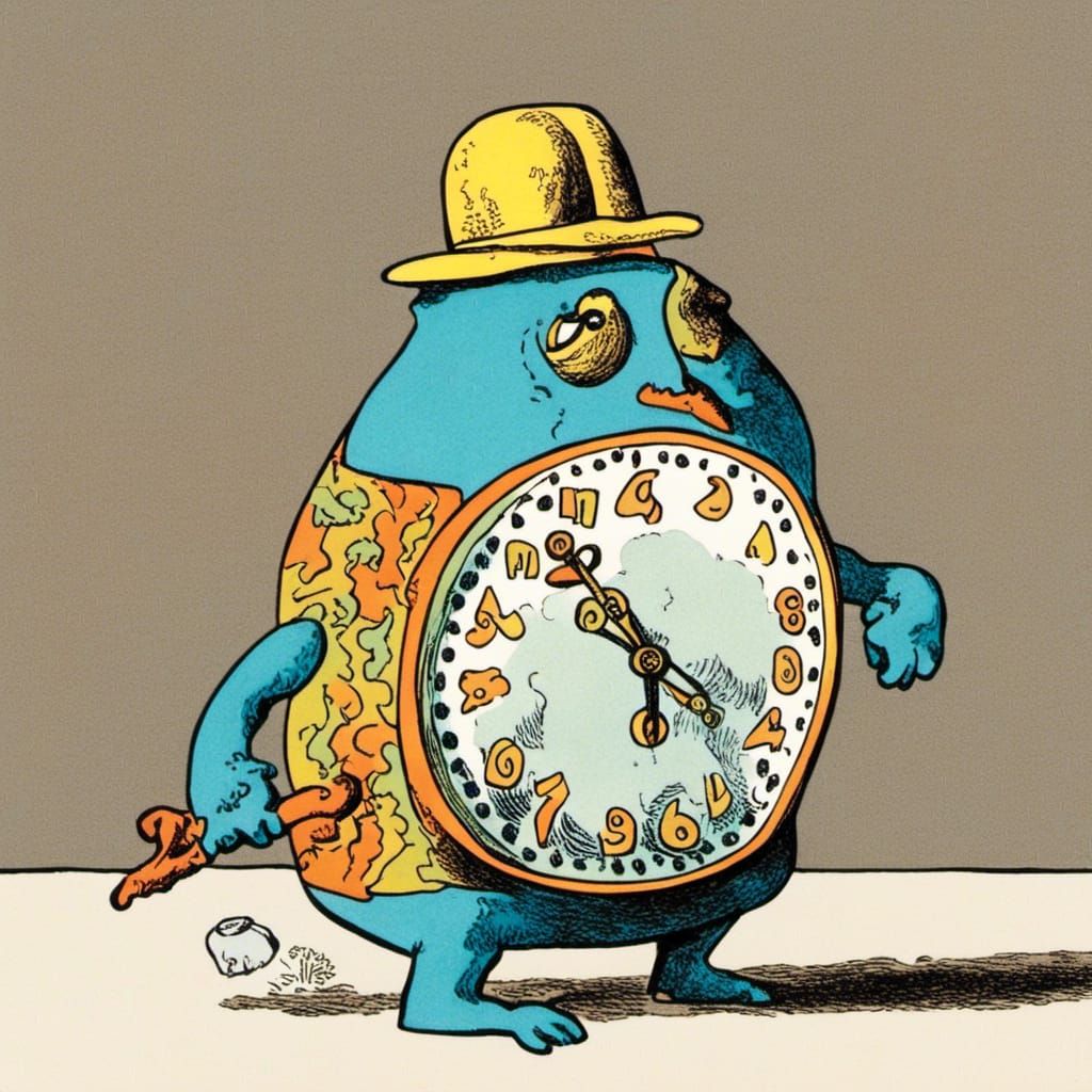 Whimsical Creature Holding Clock in Imagist Style