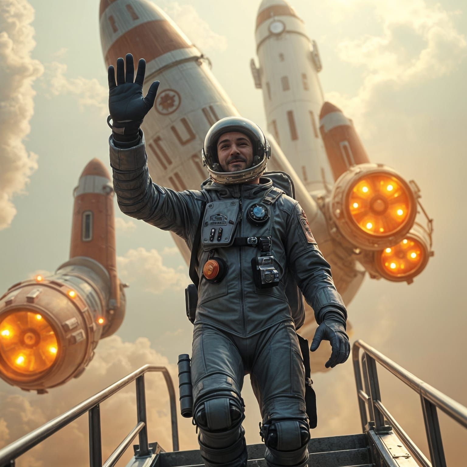 Astronaut Embarks on Rocket, Waving Goodbye