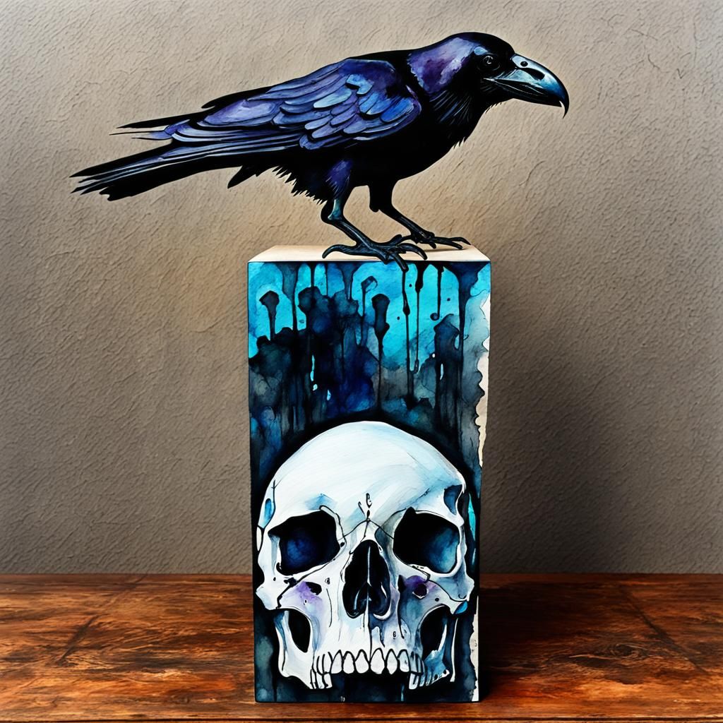 Raven Skull on Pedestal in Watercolor Style