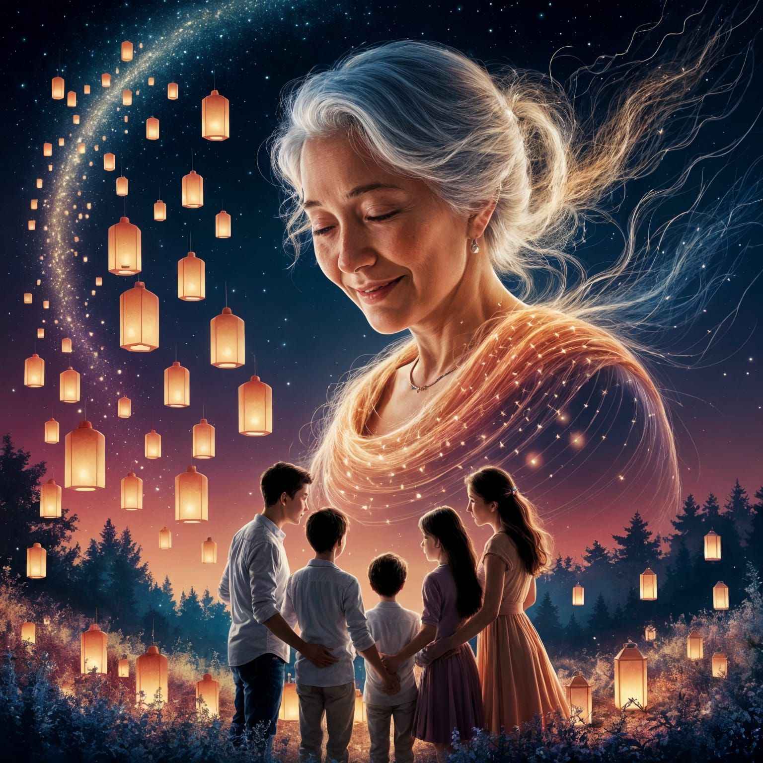 Family Lantern Release Under Starry Night Sky