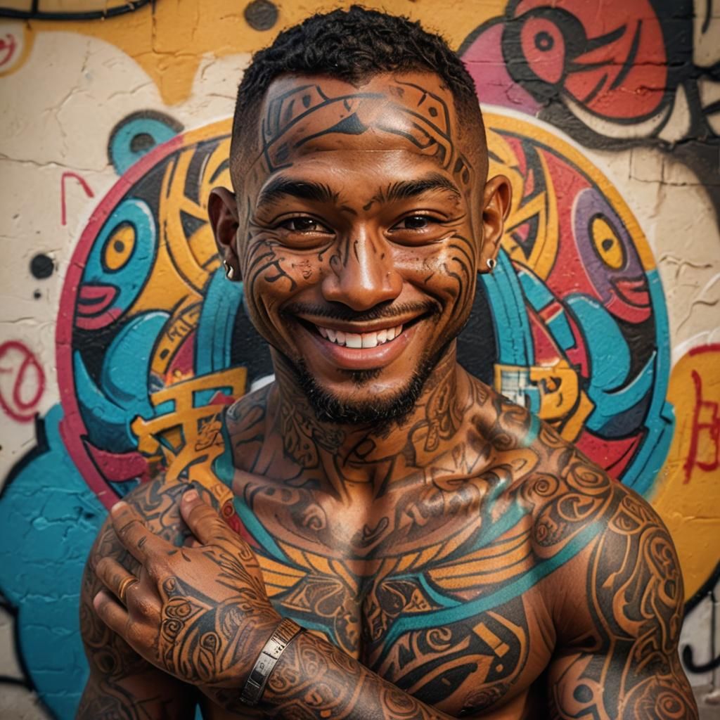 Vivid Digital Art: Smiling Man with Tattoo