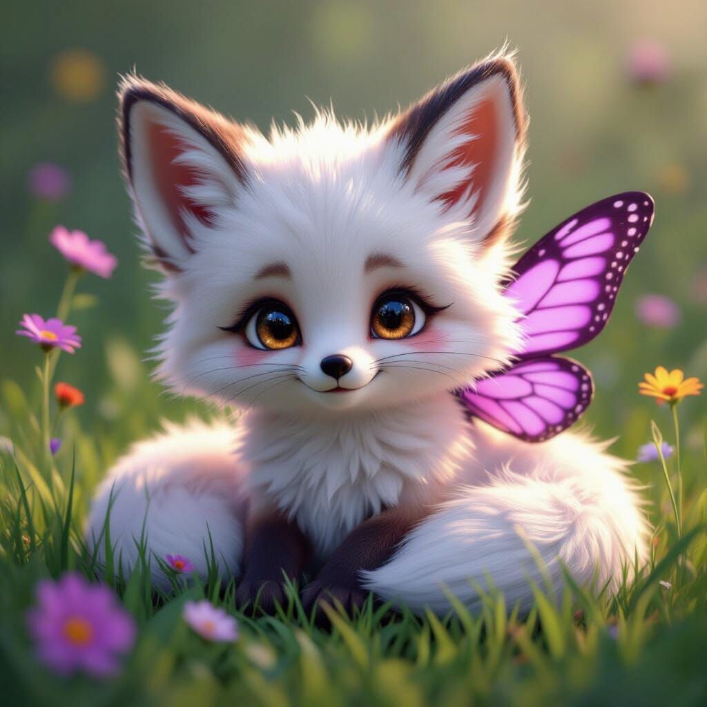 Baby Fox with Butterfly Wings in 3D Anime Style