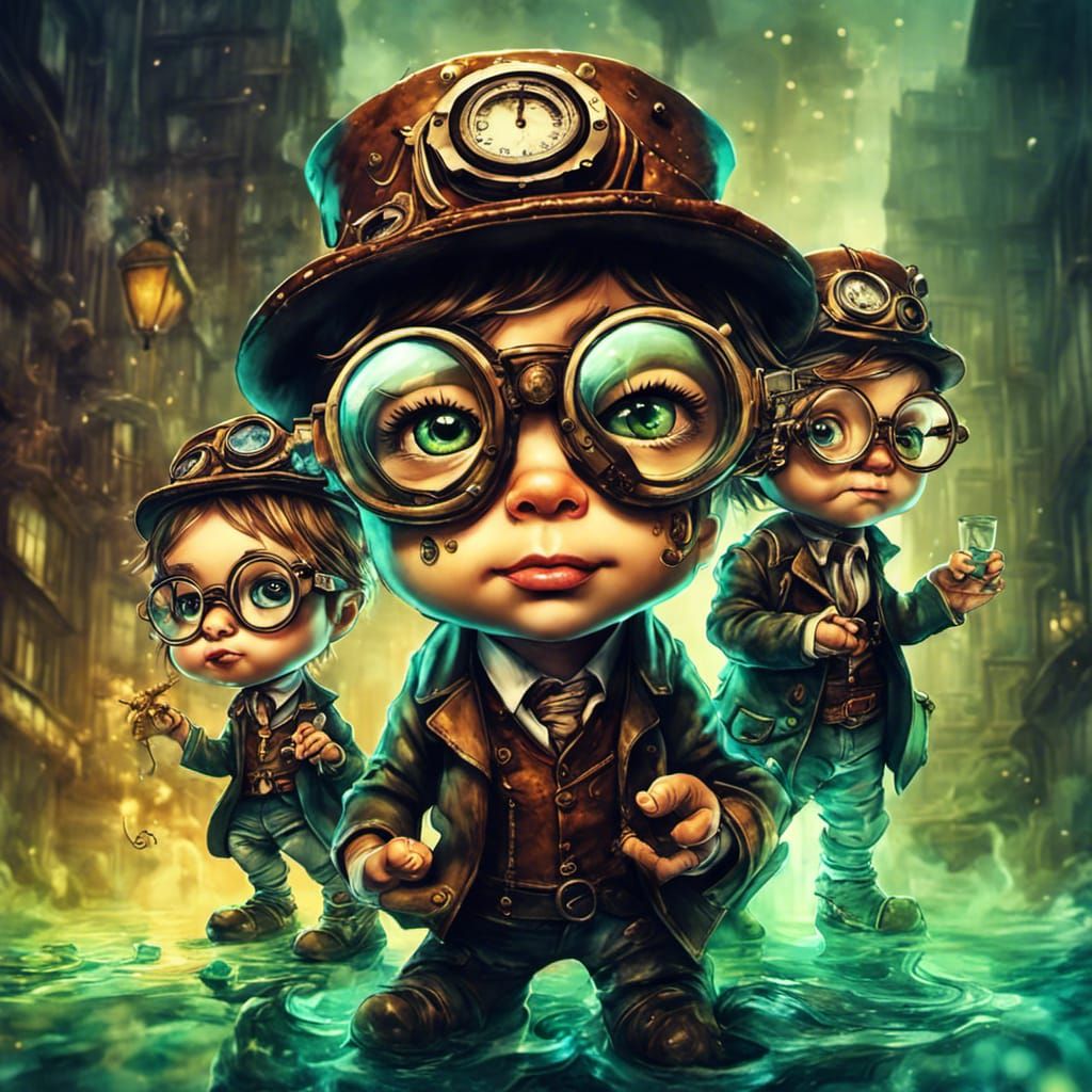 Steampunk Babies and Reptilian Creature in Alcohol Ink