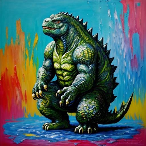 Godzilla's Pedicure: A Neo-Impressionist Oil Painting