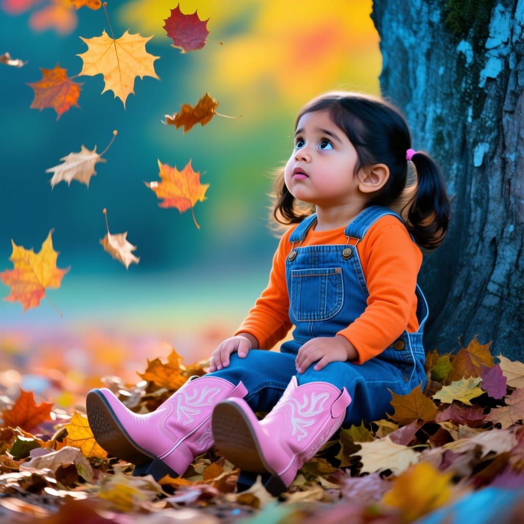 Hispanic Girl Amazed By Falling Autumn Leaves