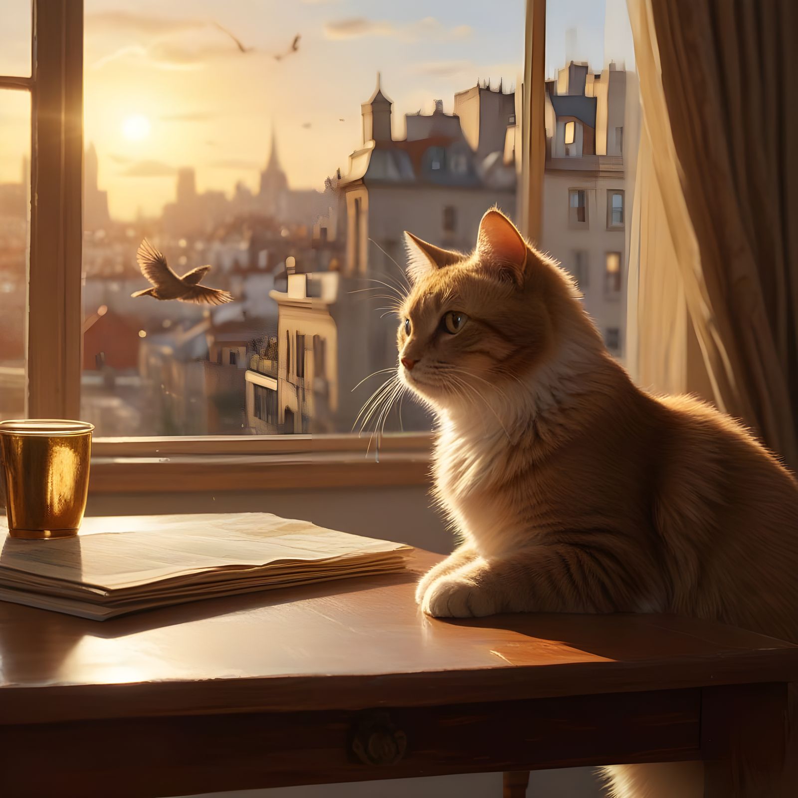 Impressionist Cat by Window in Golden Hour