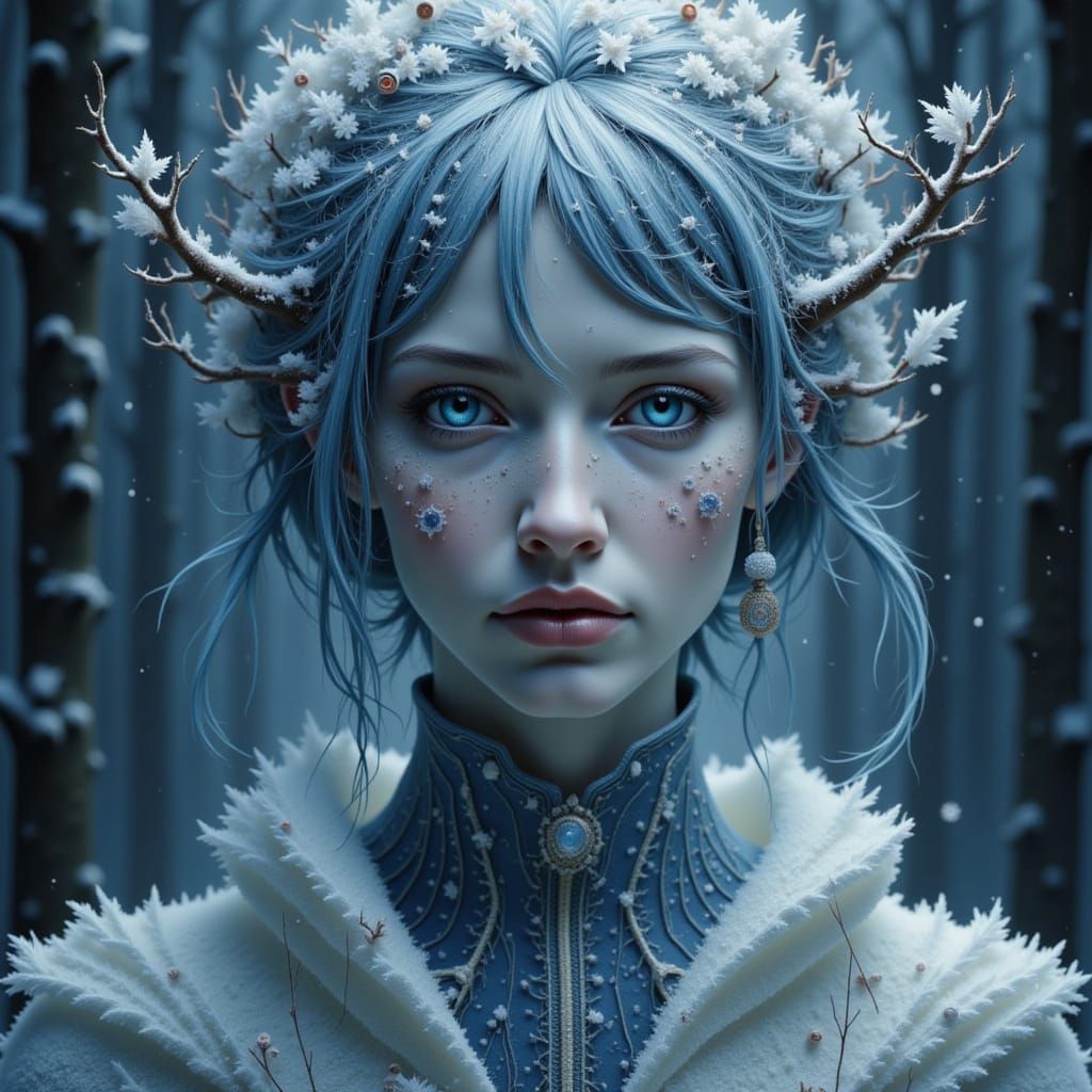 Alien Girl in Snowy Winter Forest