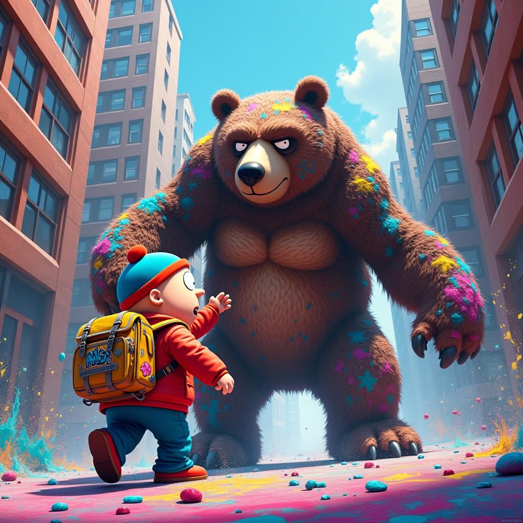 Eric Cartman Tackles Fractal Bear in Cyberpunk Cityscape