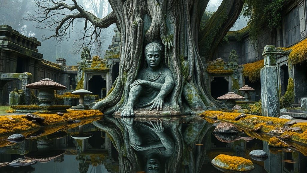 Ancient Ruins and Mysterious Stone Statue in a Primeval Fore...