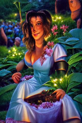 Fantasy Portrait of Smiling Woman in Flowerbed