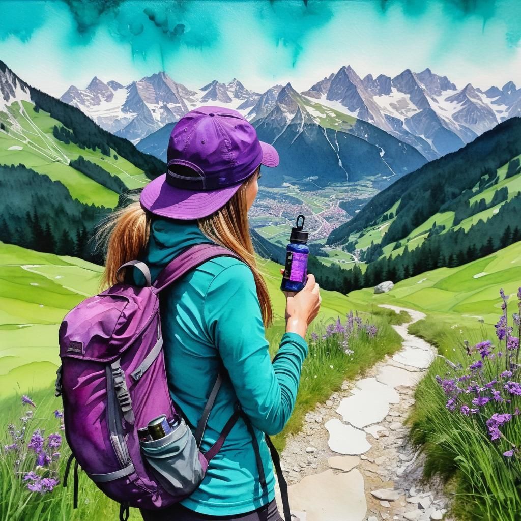 Woman Hiking in Kitzbel: Teal and Purple Alcohol Ink