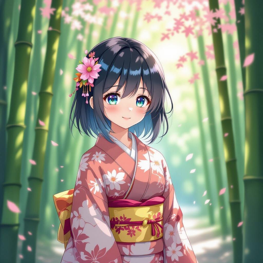 Anime Girl in Bamboo Forest, Pastel Art Style
