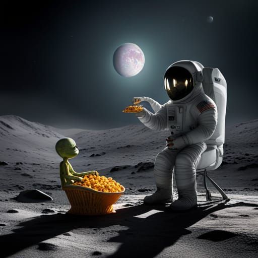 Astronaut and Alien Share Chips on the Moon