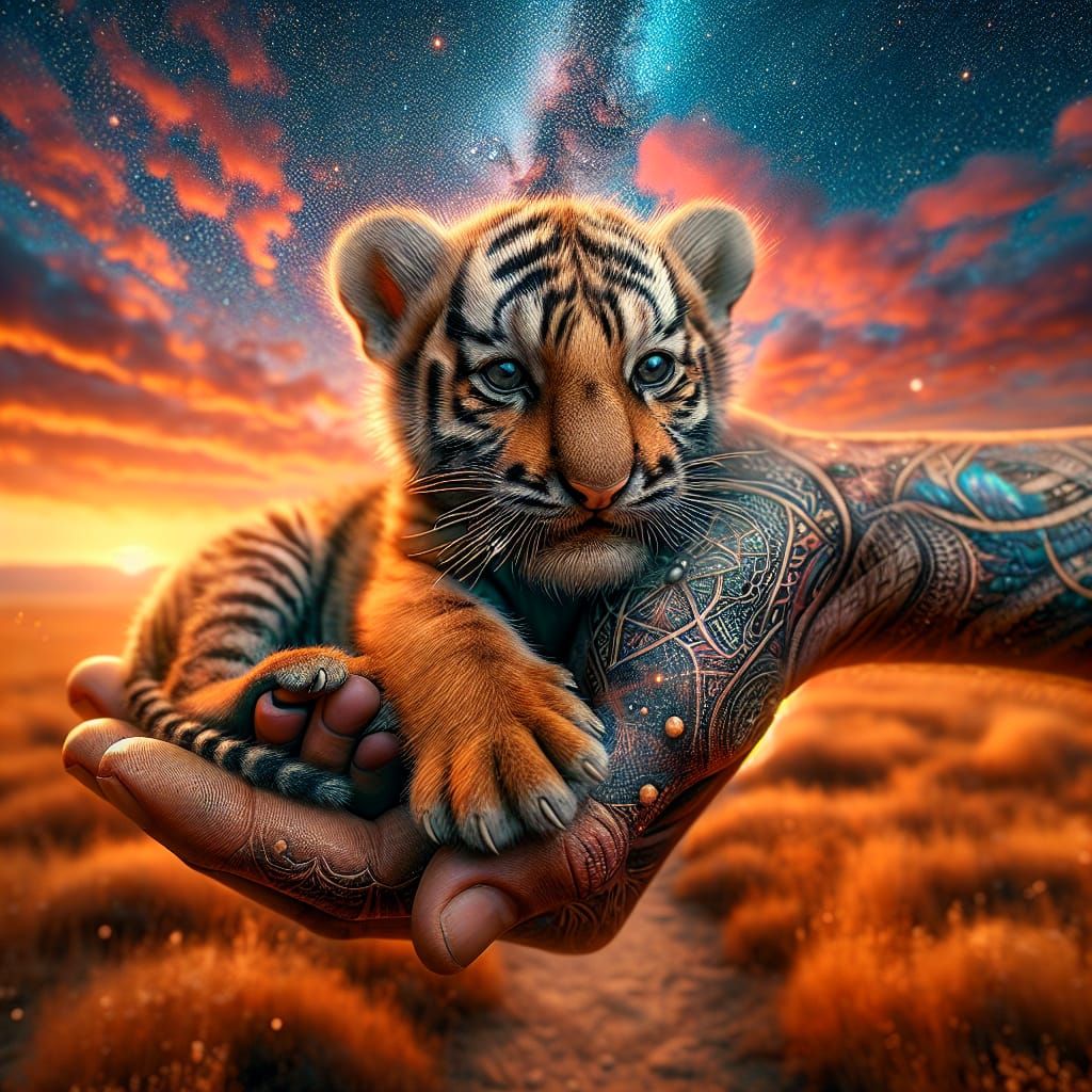 Baby Tiger Cub in Hand: Savanna Sunset