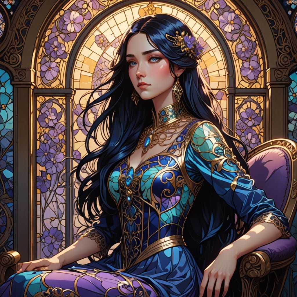 Ethereal Art Nouveau Goddess in Vibrant, Ornate Splendor
