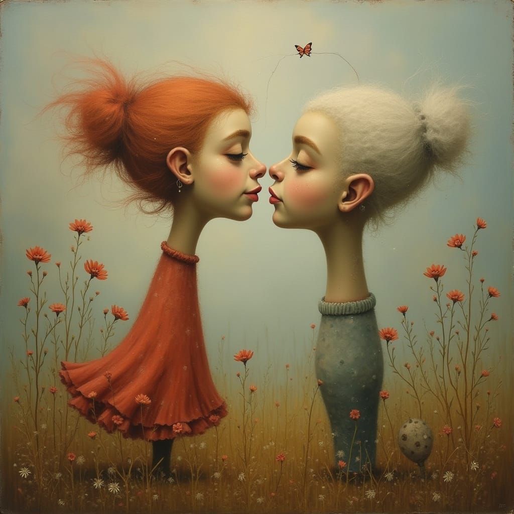 Surreal Oil Painting of Lovebombing with Exaggerated Forms