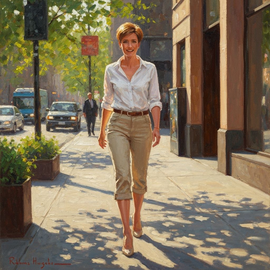 Emma Thompson Sways Down City Sidewalk in Impressionistic Pa...