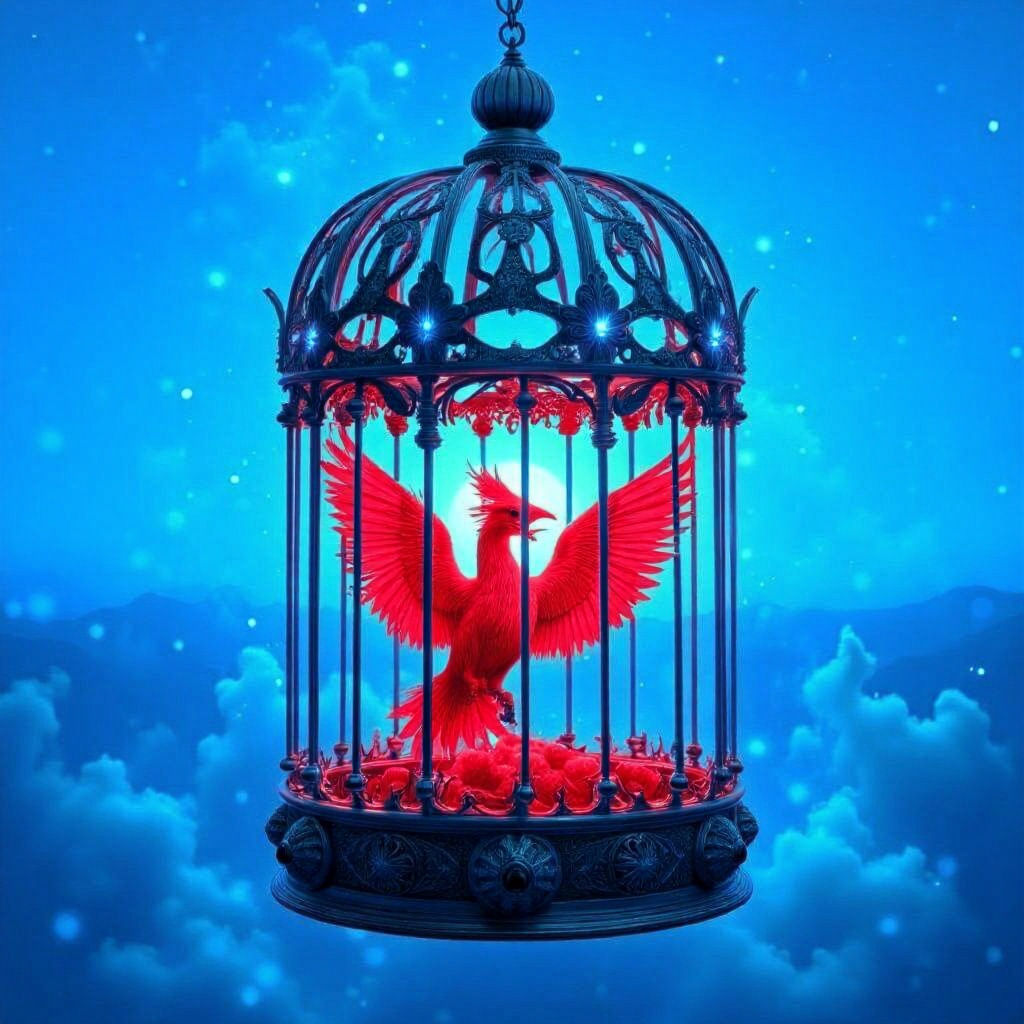 Ornate Brass Birdcage with Phoenix Feather in Cosmic Void