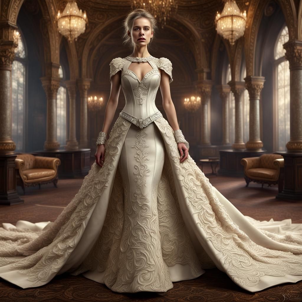 Elegant Bride in Ivory Leather Wedding Dress