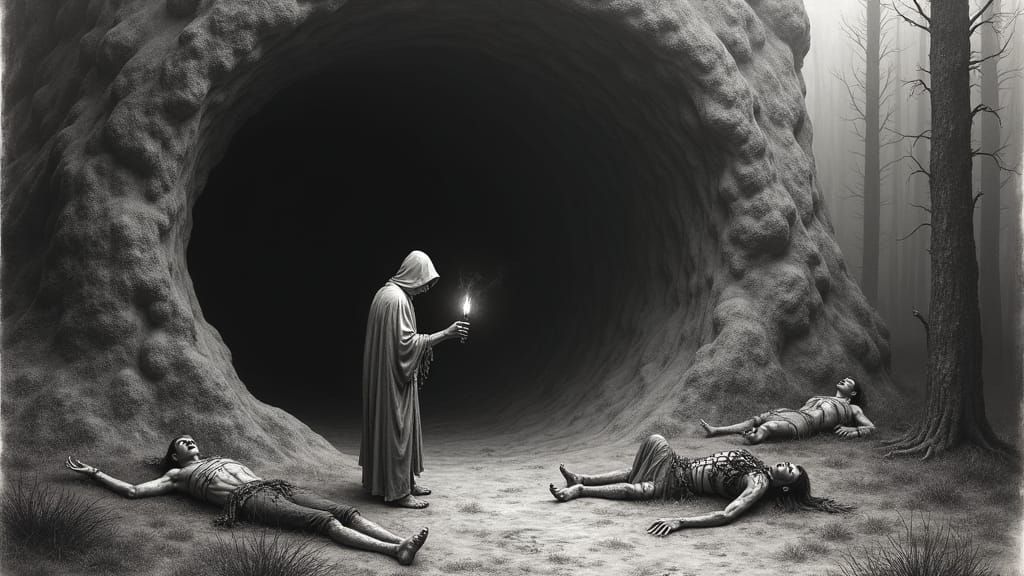 Cave Entrance Charcoal Drawing in Beksiński Style