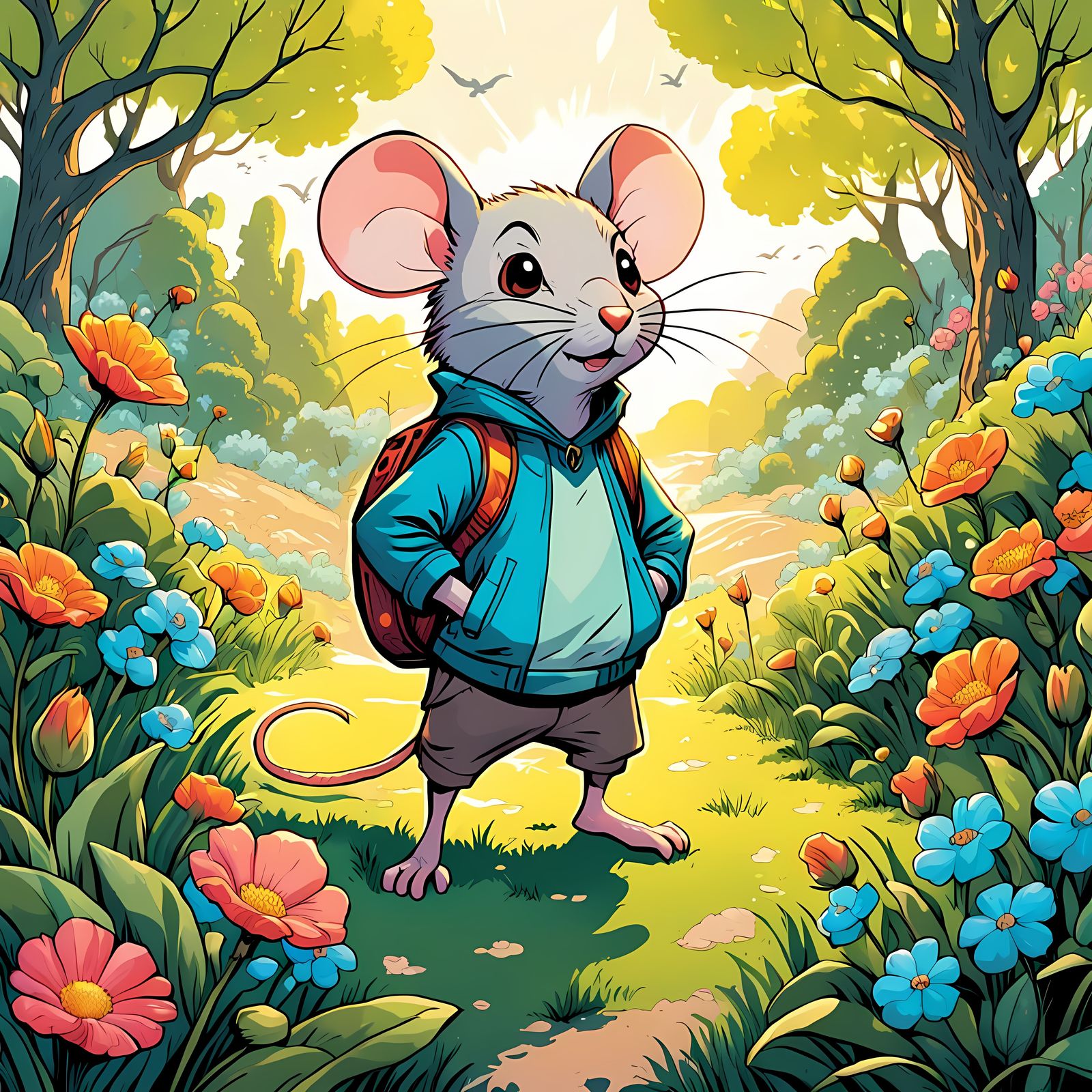 Confident Mouse Explorer in Vibrant Floral Landscape