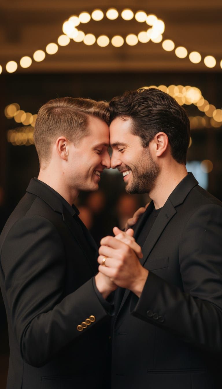 Romantic Dance: Two Men Embrace in Warm Light