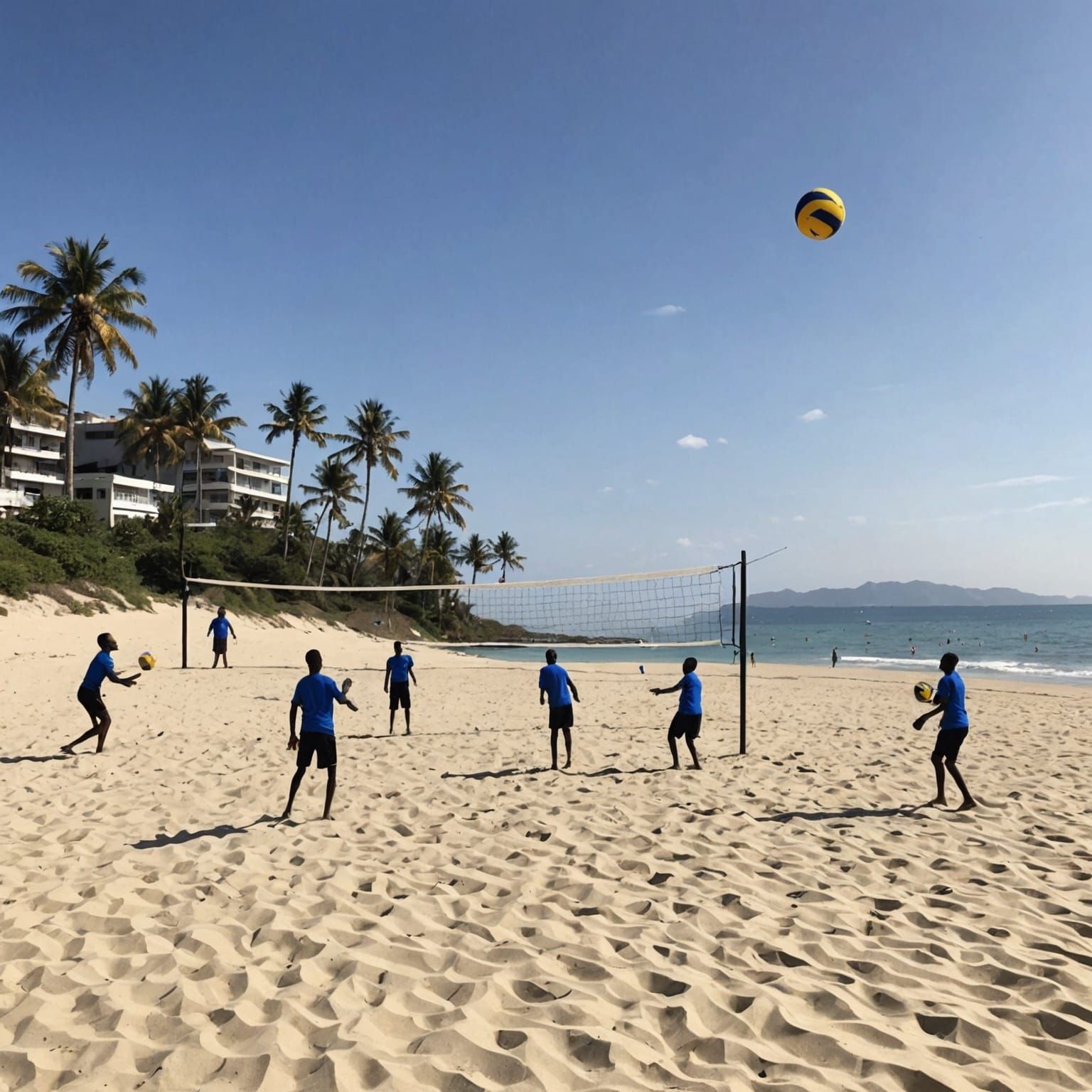 Stick Figures Play Beach Volleyball