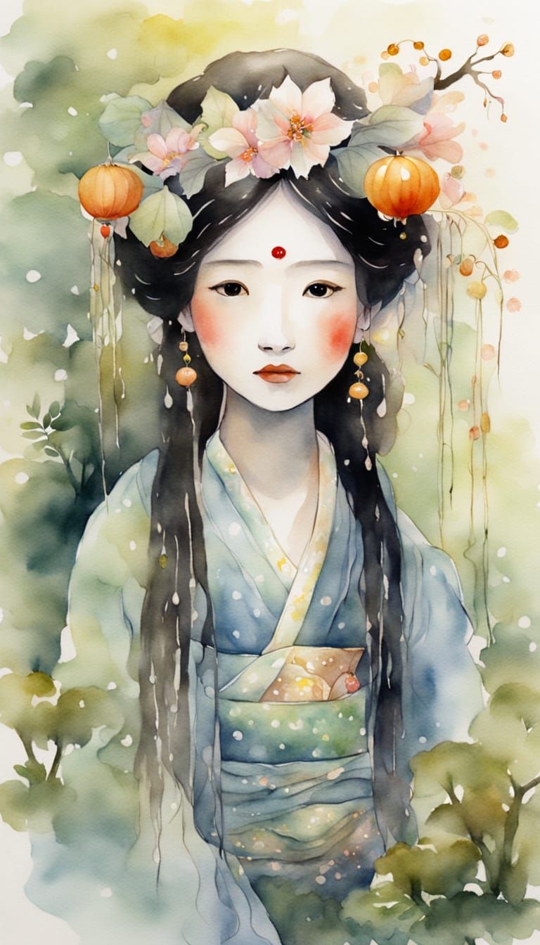 Whimsical Oriental Doll with Flower Crown in Forest Clearing