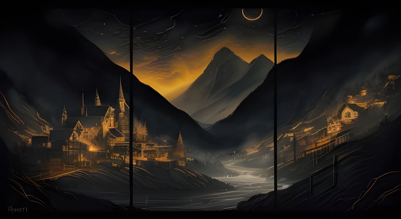 Dark Expressionist Village Scene at Night