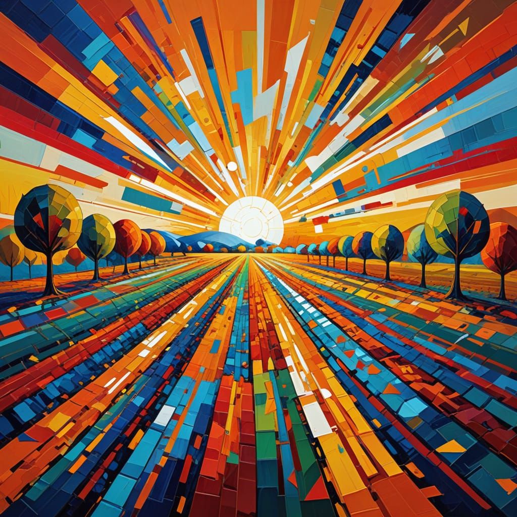 Geometric Autumn Landscape with Sunburst