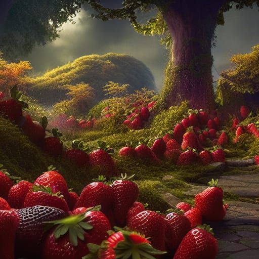 Luminous Overgrown Strawberry Garden: Detailed Fantasy Art