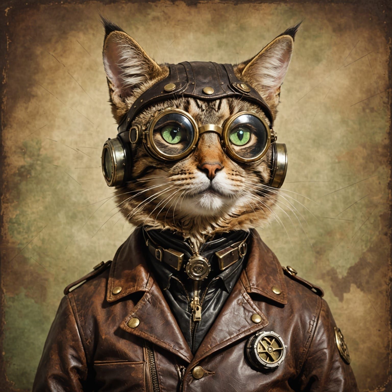 Steampunk Tabby Cat Portrait with Aviator Goggles