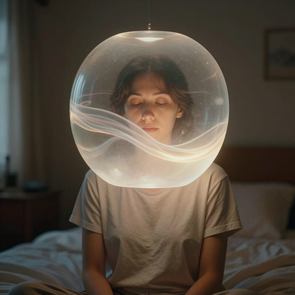 Woman Contemplates Floating Light Object in Bedroom