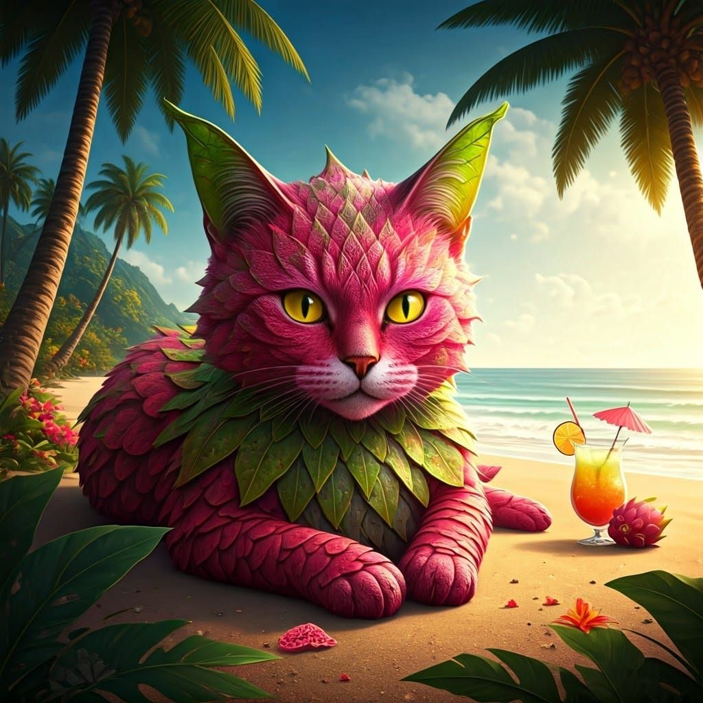 Surreal Beach Cat in Vibrant Tropical Paradise