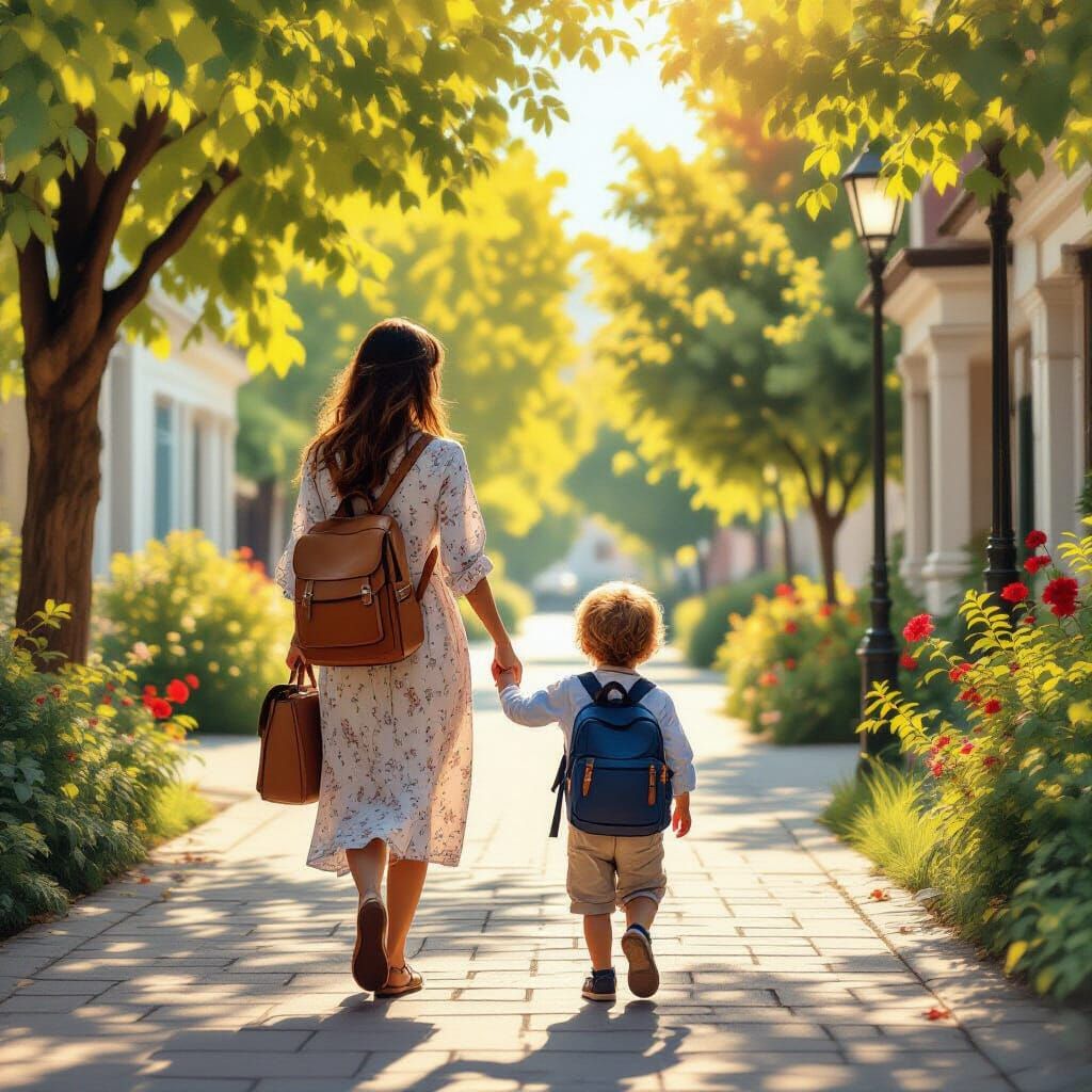 Sunny Morning School Drop-Off: Photo-Realistic Digital Art