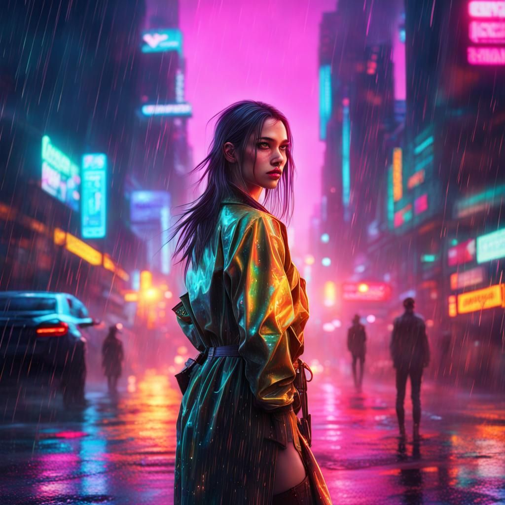 Cyberpunk Girl in Neon Rain: Digital Graffiti Art
